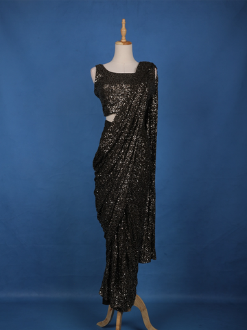 Black Sequin Embellished Pre-Draped Georgette Saree with Sleeveless Blouse - Diadem