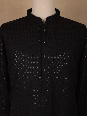 Black Sequins Design Cotton Kurta - Diadem
