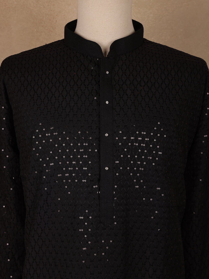 Black Sequins Design Cotton Kurta - Diadem