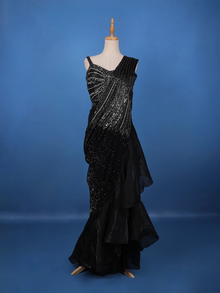 Black Sequins Embellished Satin Ready To Wear Saree - Diadem