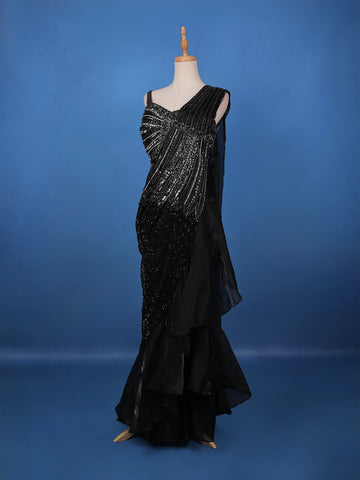 Black Sequins Embellished Satin Ready To Wear Saree - Diadem