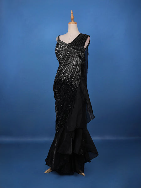 Black Sequins Embellished Satin Ready To Wear Saree - Diadem