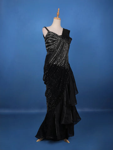 Black Sequins Embellished Satin Ready To Wear Saree - Diadem