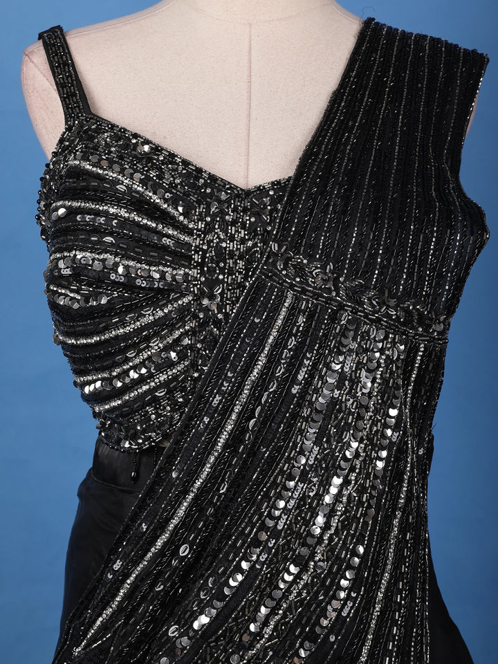 Black Sequins Embellished Satin Ready To Wear Saree - Diadem