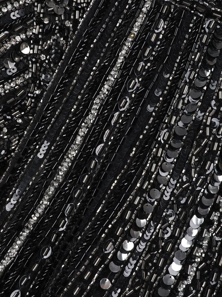 Black Sequins Embellished Satin Ready To Wear Saree - Diadem
