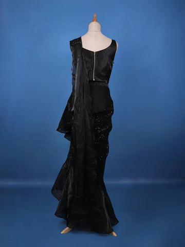 Black Sequins Embellished Satin Ready To Wear Saree - Diadem