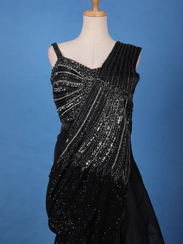 Black Sequins Embellished Satin Ready To Wear Saree - Diadem