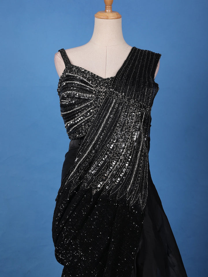 Black Sequins Embellished Satin Ready To Wear Saree - Diadem