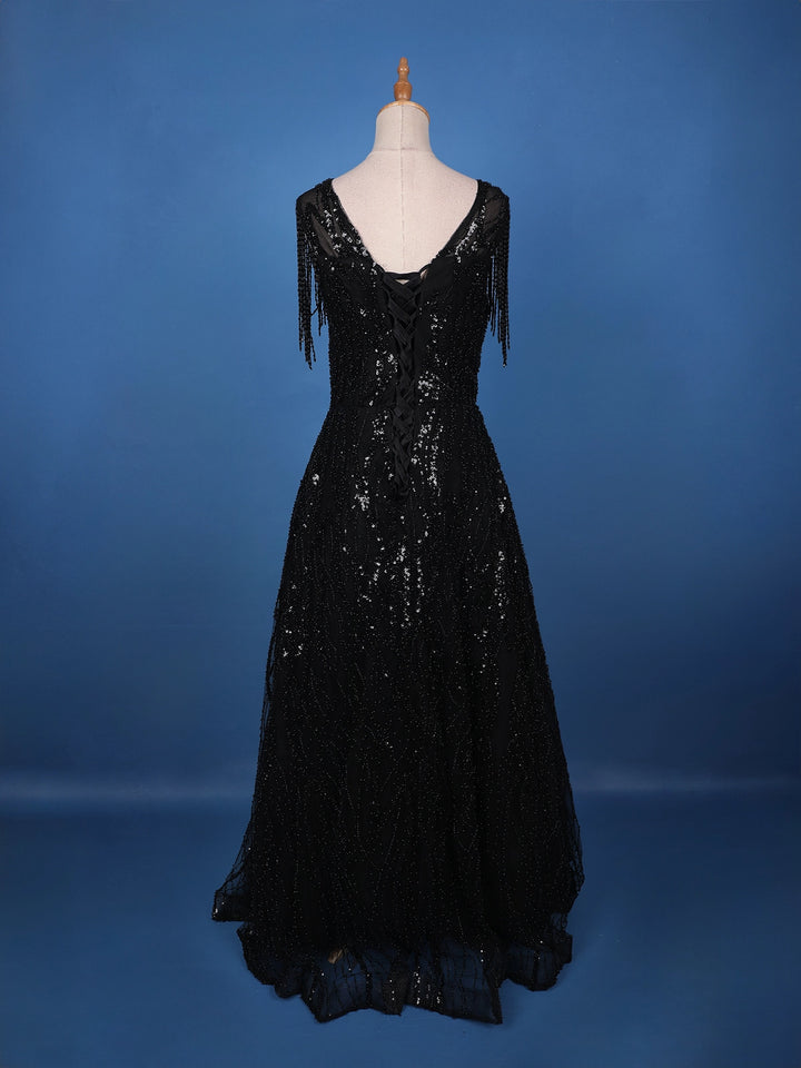 Black Sequins Embroidered Net Gown - Diadem