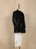Black Sequins Embroidered Velvet Kids Sherwani Set with White Pants