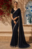 Black Solid Design Satin Saree with Embellished Lace Border