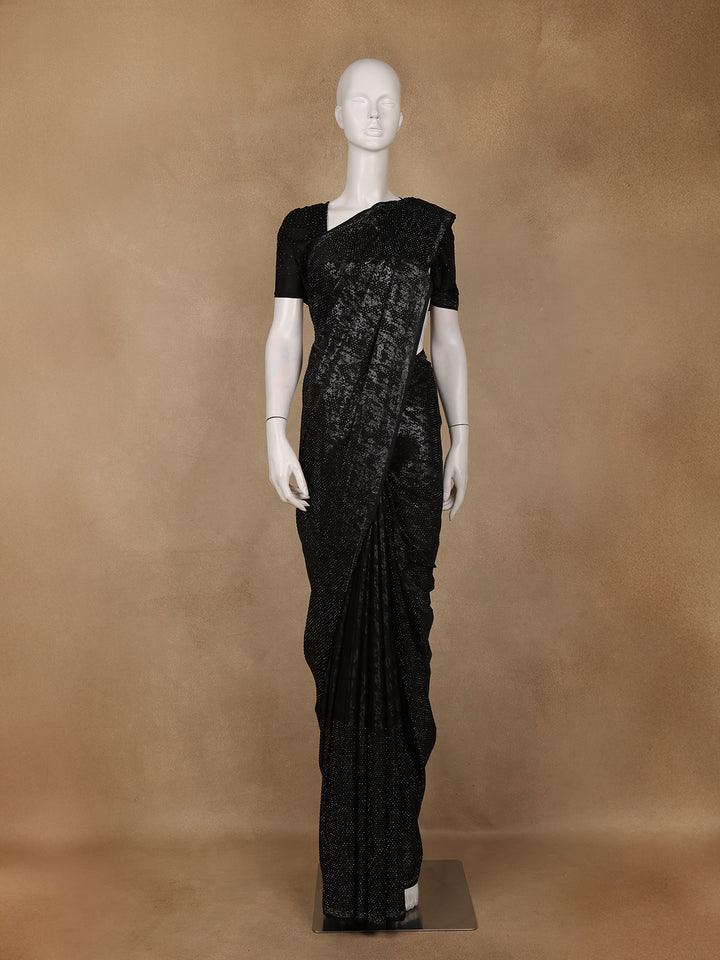 Black Stone Embellished Satin Saree with Matching Blouse - Diadem