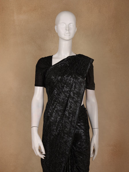 Black Stone Embellished Satin Saree with Matching Blouse - Diadem