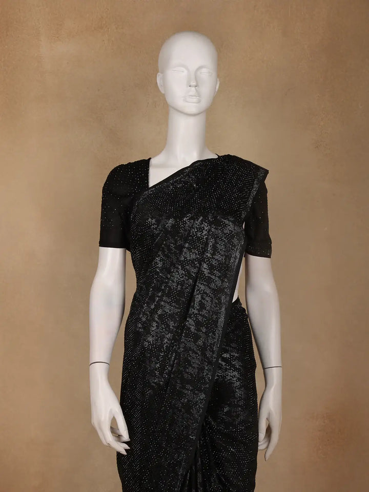 Black Stone Embellished Satin Saree with Matching Blouse - Diadem