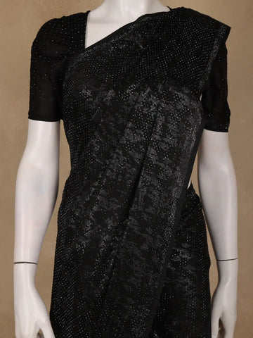Black Stone Embellished Satin Saree with Matching Blouse - Diadem