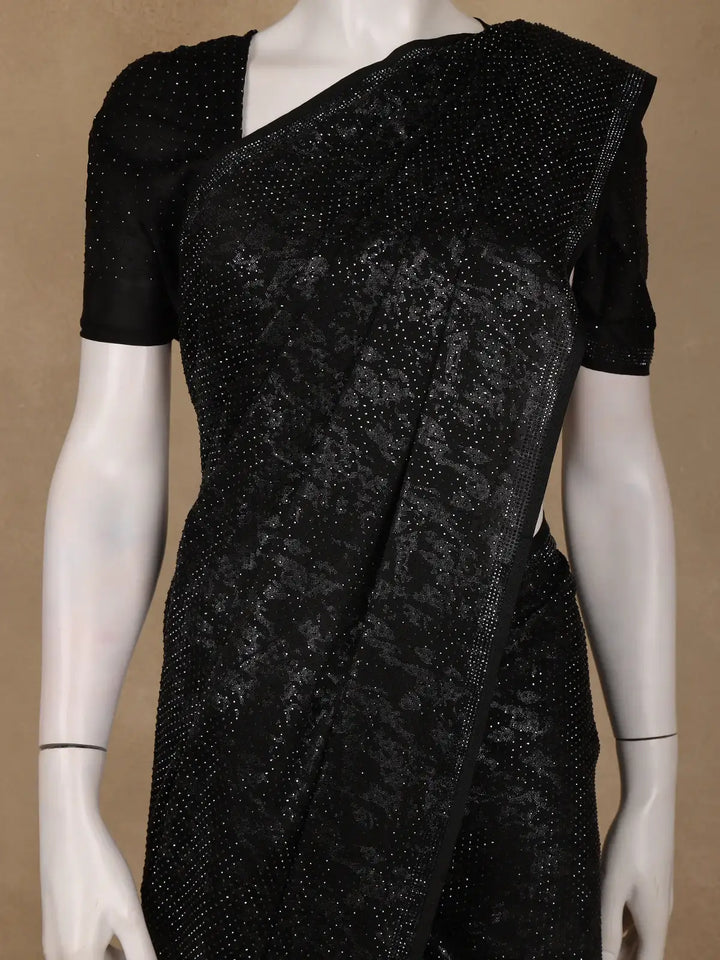 Black Stone Embellished Satin Saree with Matching Blouse - Diadem