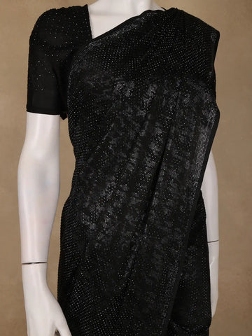 Black Stone Embellished Satin Saree with Matching Blouse - Diadem
