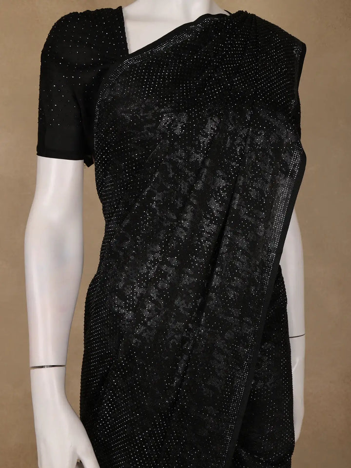 Black Stone Embellished Satin Saree with Matching Blouse - Diadem