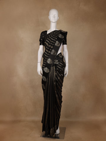 Black Striped And Floral Design Semi Tussar Silk Saree - Diadem