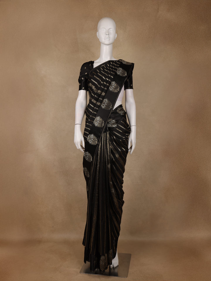 Black Striped And Floral Design Semi Tussar Silk Saree - Diadem