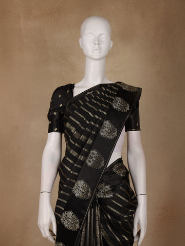 Black Striped And Floral Design Semi Tussar Silk Saree - Diadem