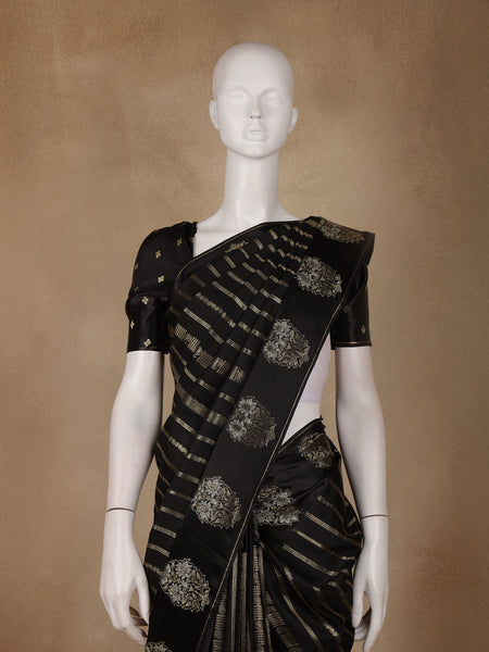 Black Striped And Floral Design Semi Tussar Silk Saree - Diadem