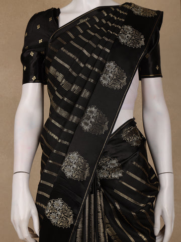 Black Striped And Floral Design Semi Tussar Silk Saree - Diadem
