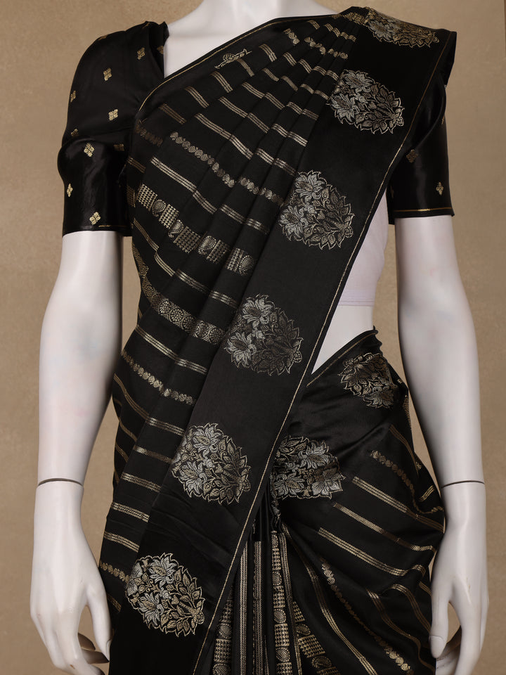 Black Striped And Floral Design Semi Tussar Silk Saree - Diadem