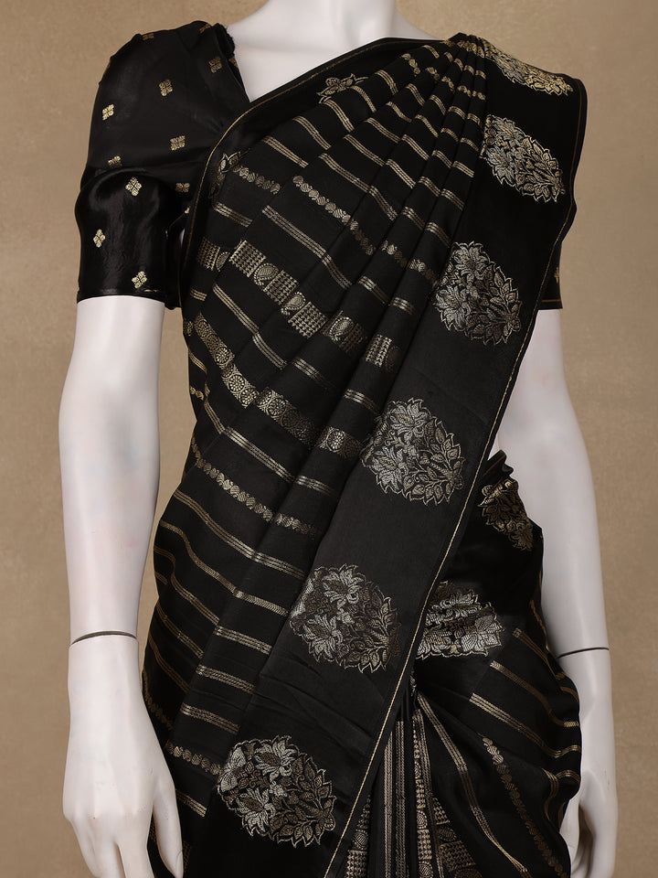Black Striped And Floral Design Semi Tussar Silk Saree - Diadem