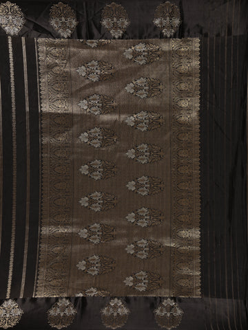 Black Striped And Floral Design Semi Tussar Silk Saree - Diadem