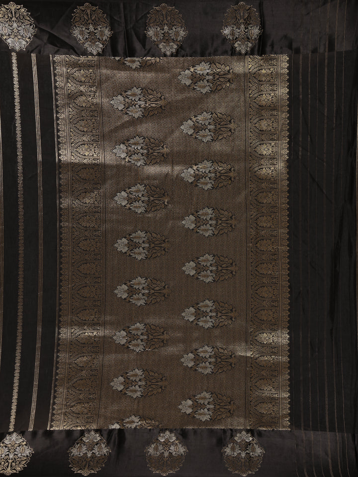 Black Striped And Floral Design Semi Tussar Silk Saree - Diadem