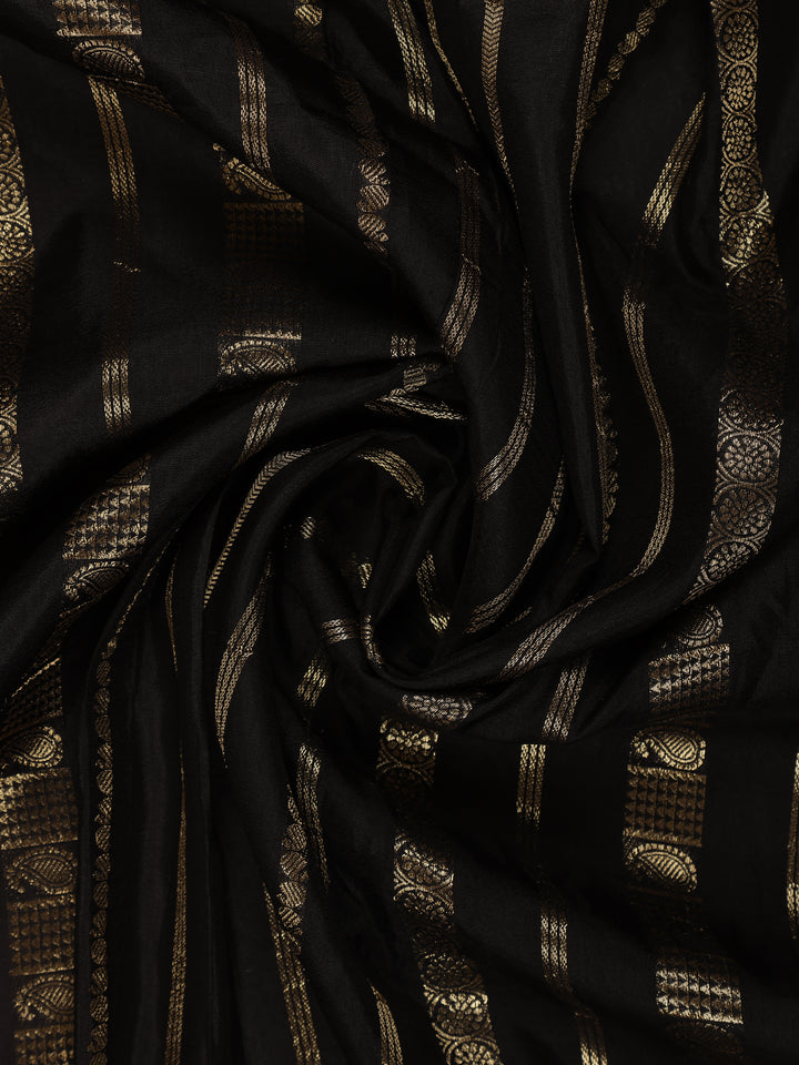Black Striped And Floral Design Semi Tussar Silk Saree - Diadem