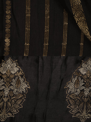 Black Striped And Floral Design Semi Tussar Silk Saree - Diadem
