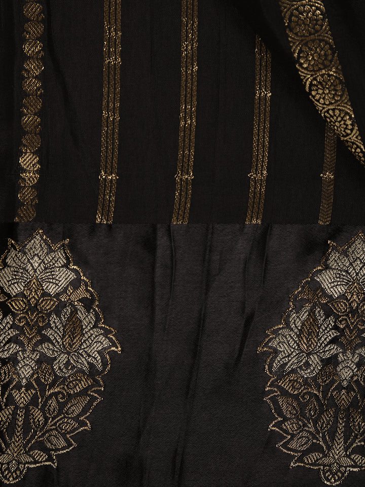 Black Striped And Floral Design Semi Tussar Silk Saree - Diadem