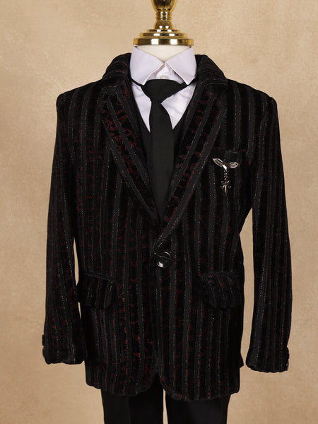 Black Striped Design Velvet Suit For Boys - Diadem