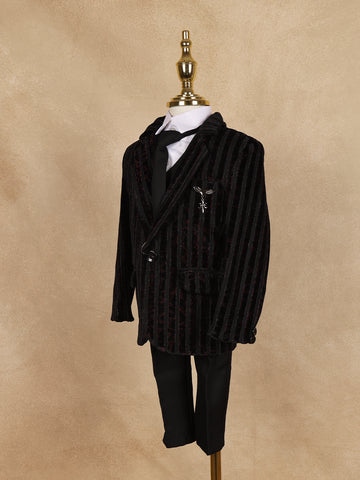 Black Striped Design Velvet Suit For Boys - Diadem