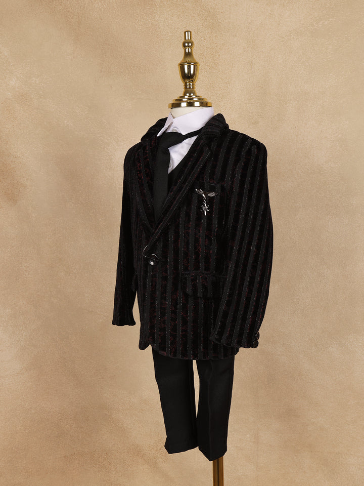 Black Striped Design Velvet Suit For Boys - Diadem