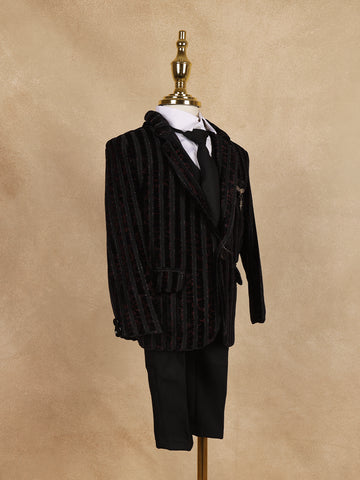 Black Striped Design Velvet Suit For Boys - Diadem