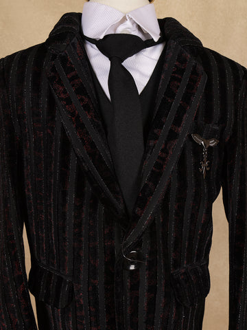 Black Striped Design Velvet Suit For Boys - Diadem