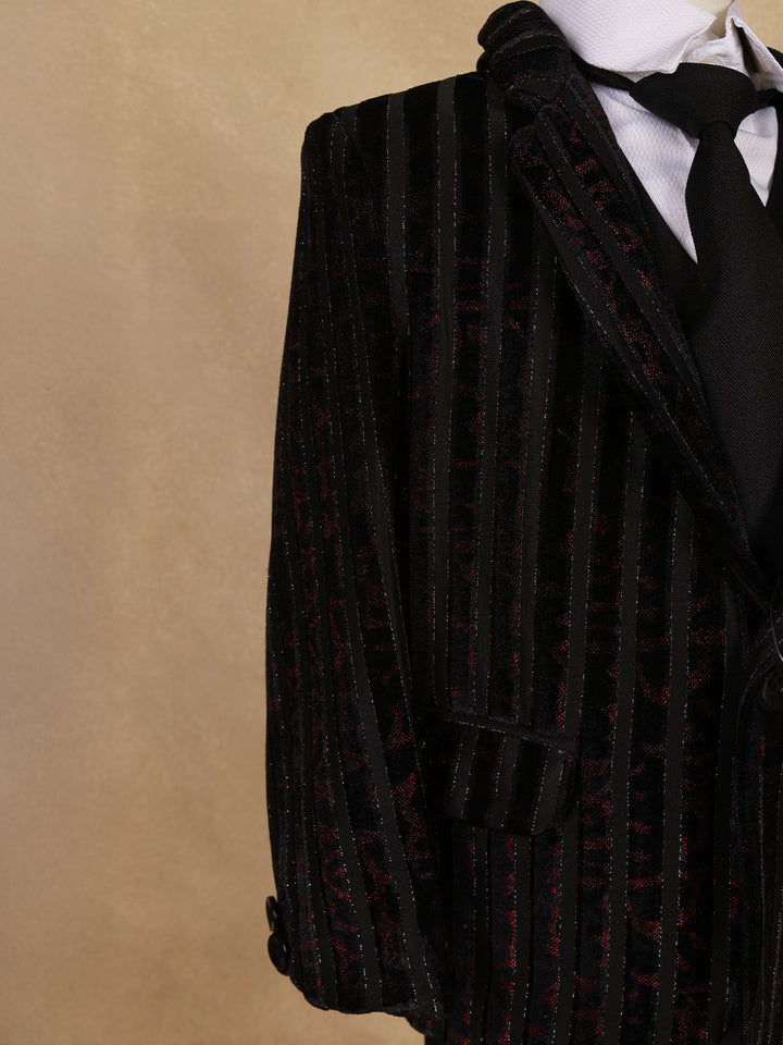 Black Striped Design Velvet Suit For Boys - Diadem