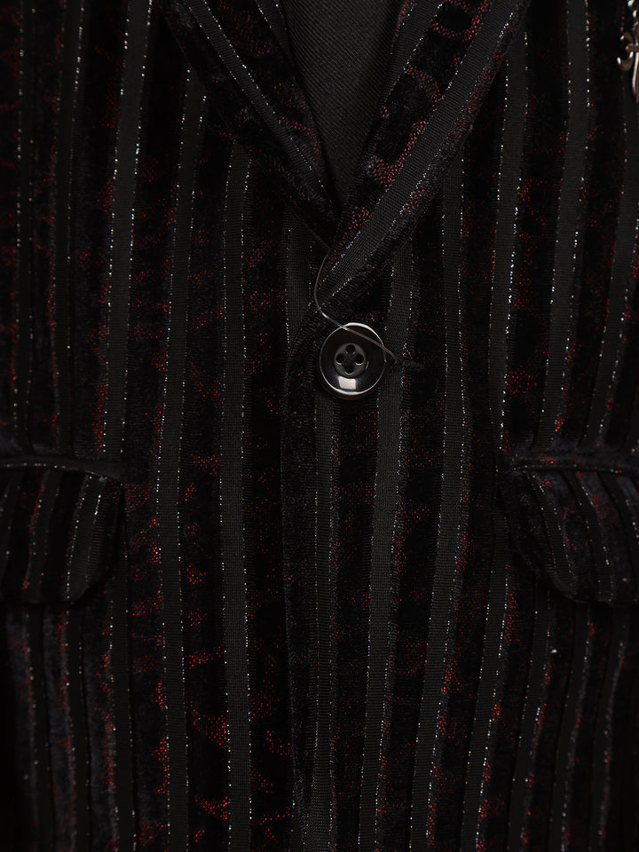 Black Striped Design Velvet Suit For Boys - Diadem