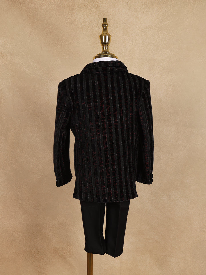 Black Striped Design Velvet Suit For Boys - Diadem