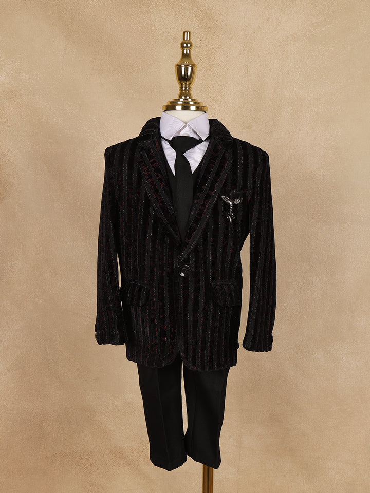 Black Striped Design Velvet Suit For Boys - Diadem