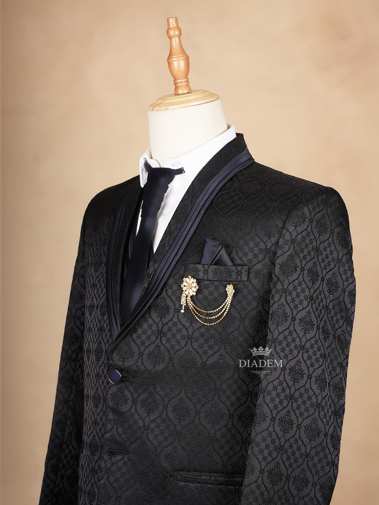 Black Coat Suit Set with Floral Embroidery Designs and Tie