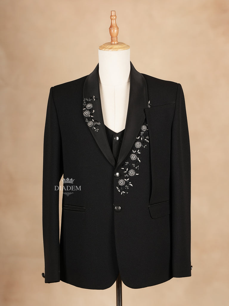 Black Coat Suit Set with Floral Embroidery and Tie Set