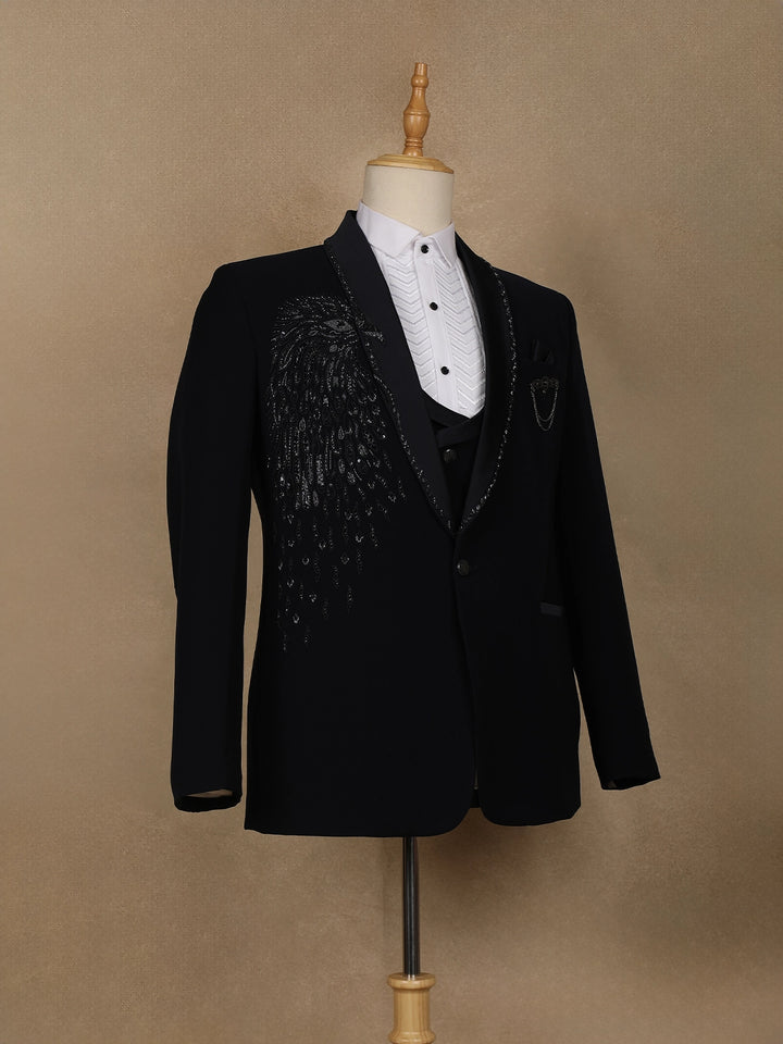 Navy Blue Embellished Viscose Men's Suit - Diadem