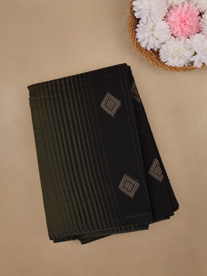 Black With Olive Green Stripes Printed Cotton Saree - Diadem