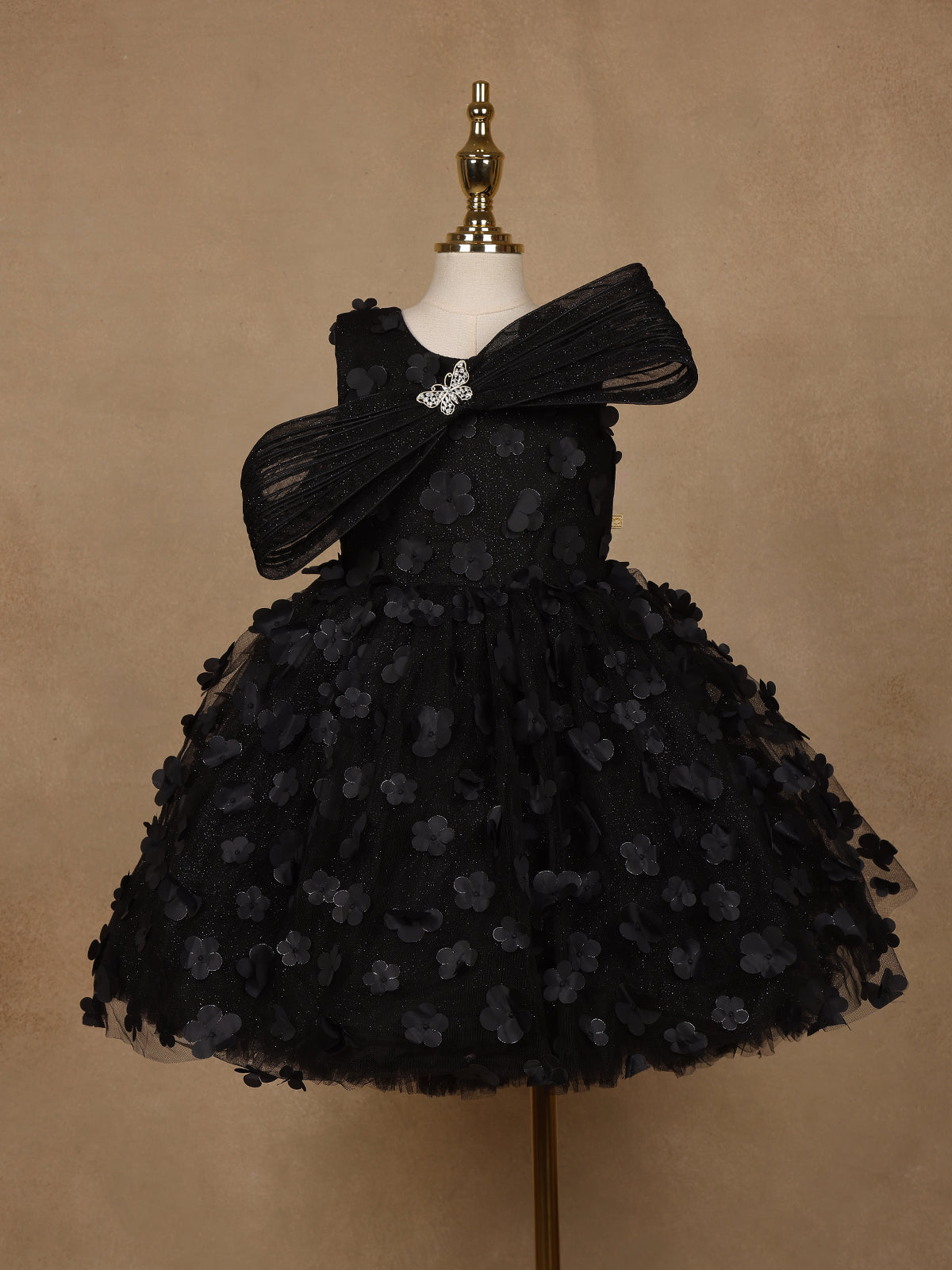 Black 3D Floral Net Party Frock with Glitter