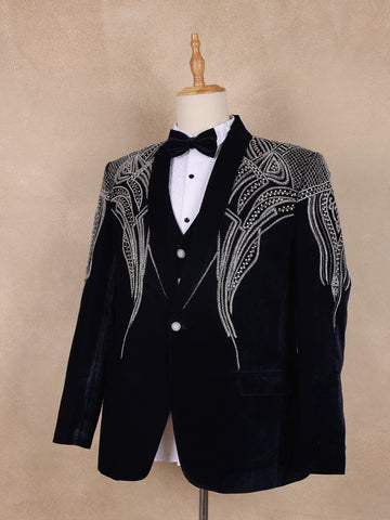 Navy Blue Abstract Designed Men's Suit - Diadem