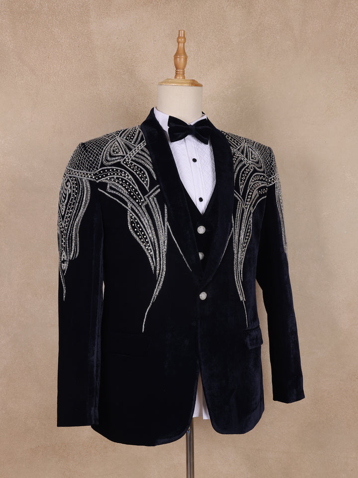 Navy Blue Abstract Designed Men's Suit - Diadem